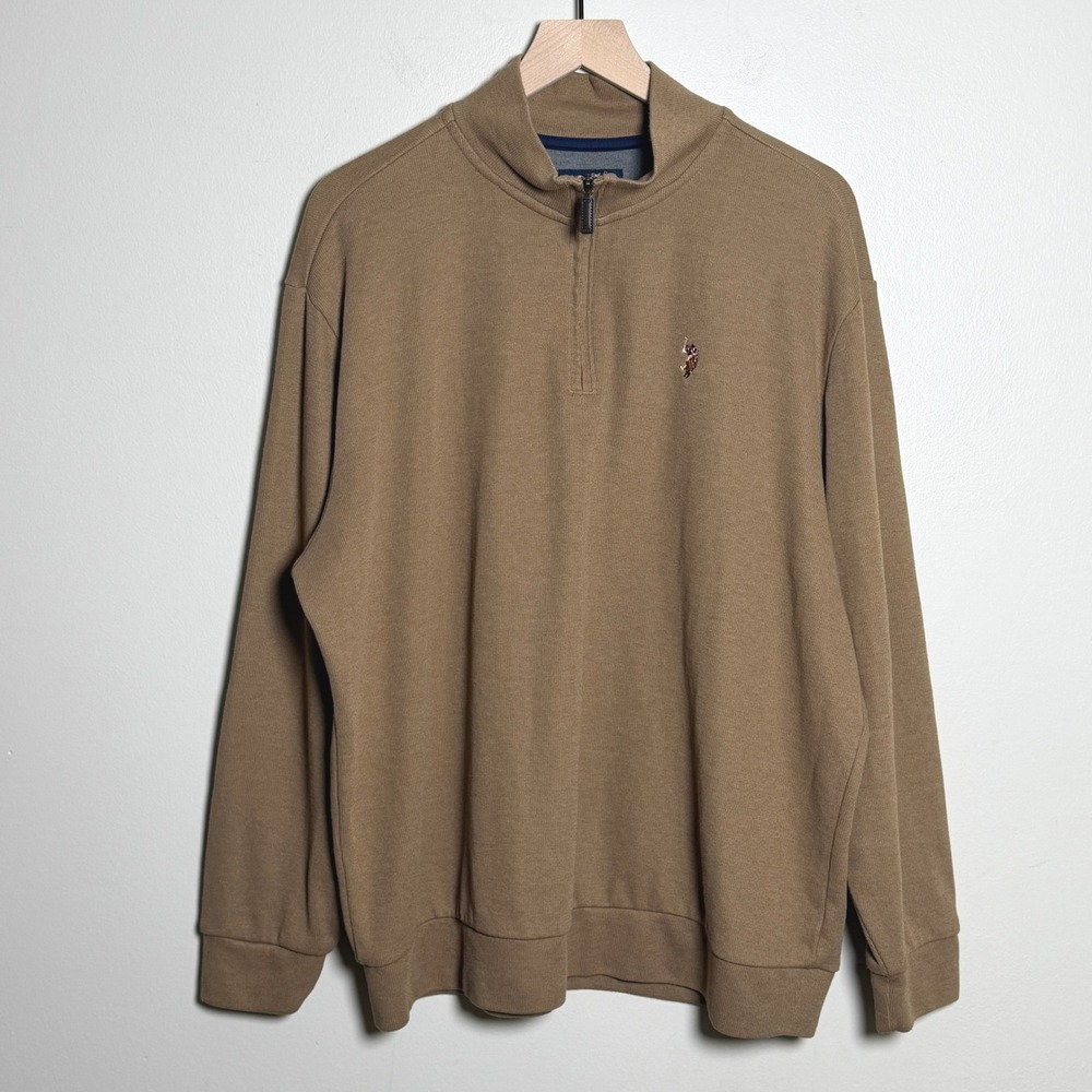 US Polo Assn Mens 2XL Camel Brown Quarter Zip Pullover Sweater Preppy Academia